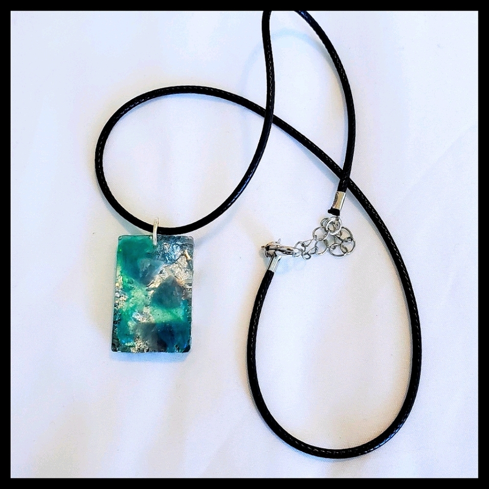Fluorite Gemstone & Silver Leaf in Resin Necklace